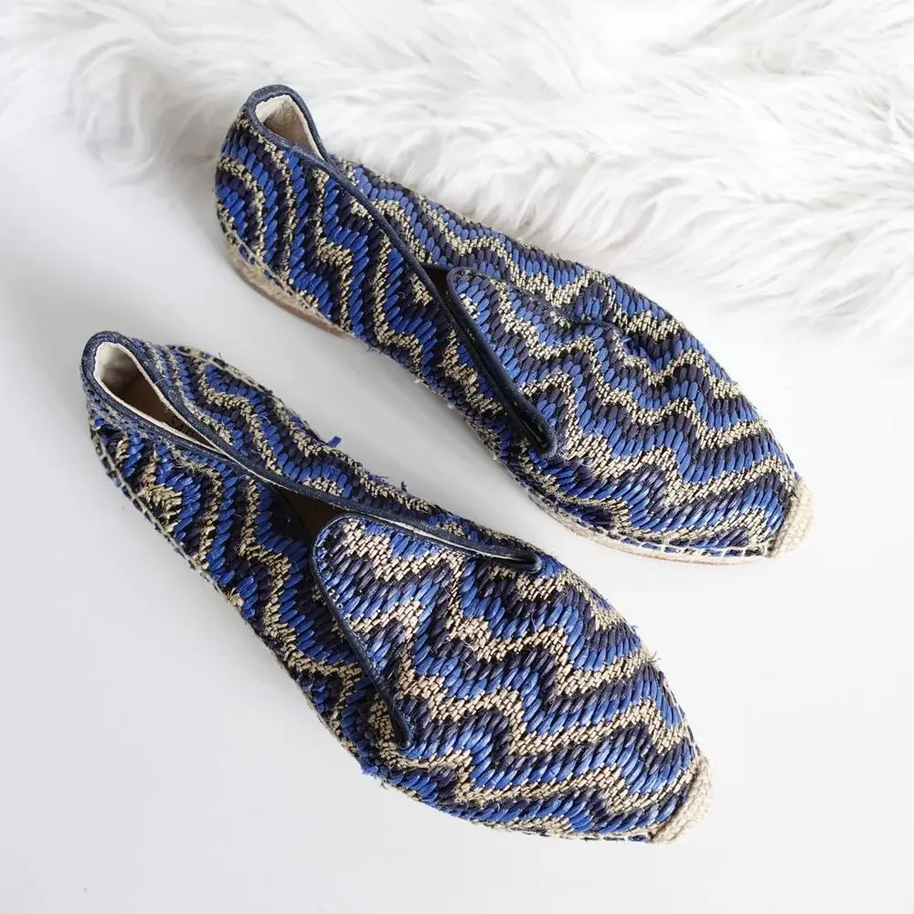 Sarah Flint Andrea Espadrille Loafers Flats Navy Raffia Linen Summer Vacation